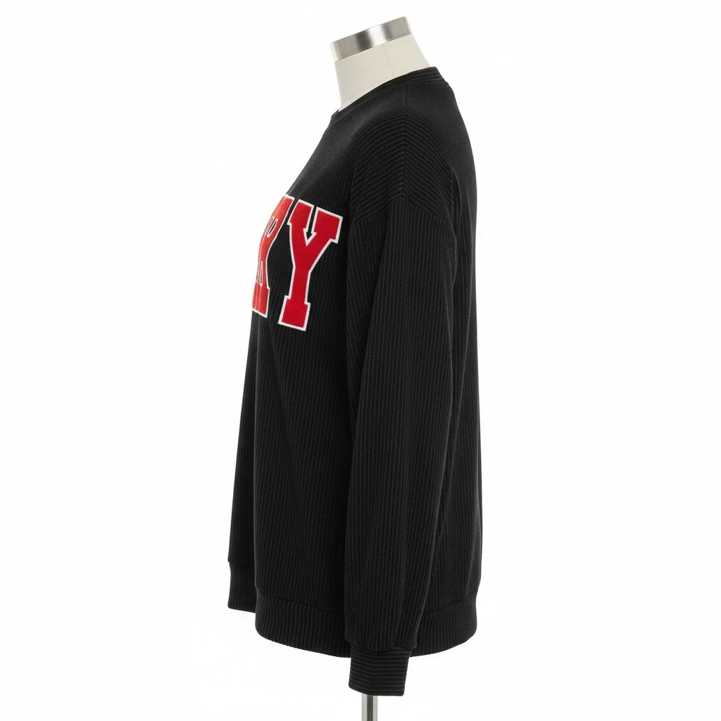 Wicked Thread Society black ribbed round neck sweatshirt with red MERRY text on a mannequin side view
