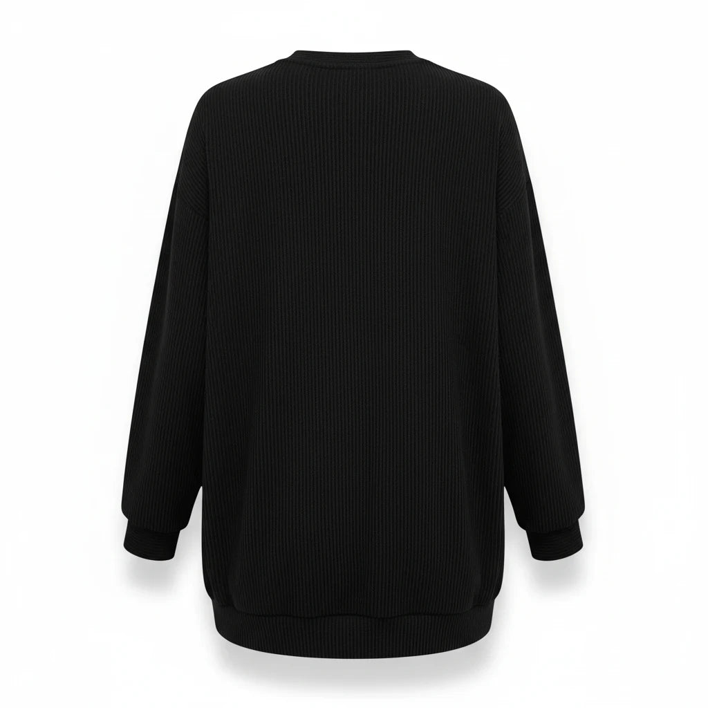Back view of a black Wicked Thread Society round neck Christmas sweatshirt in a ribbed polyester blend fabric.