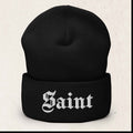 Saint Embroidered Cuffed Beanie – Gothic Font Black Beanie – Black
