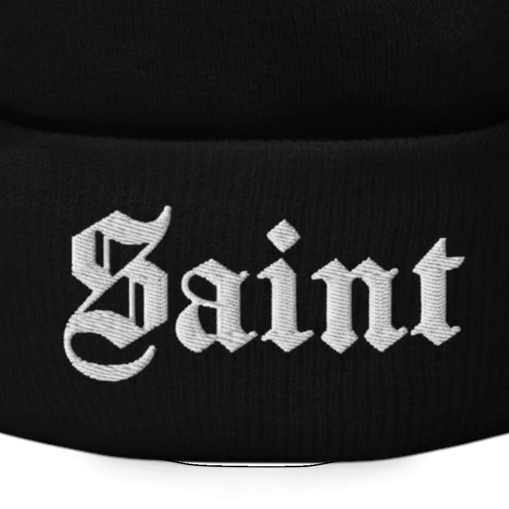 Saint Embroidered Cuffed Beanie in Black, alternate view