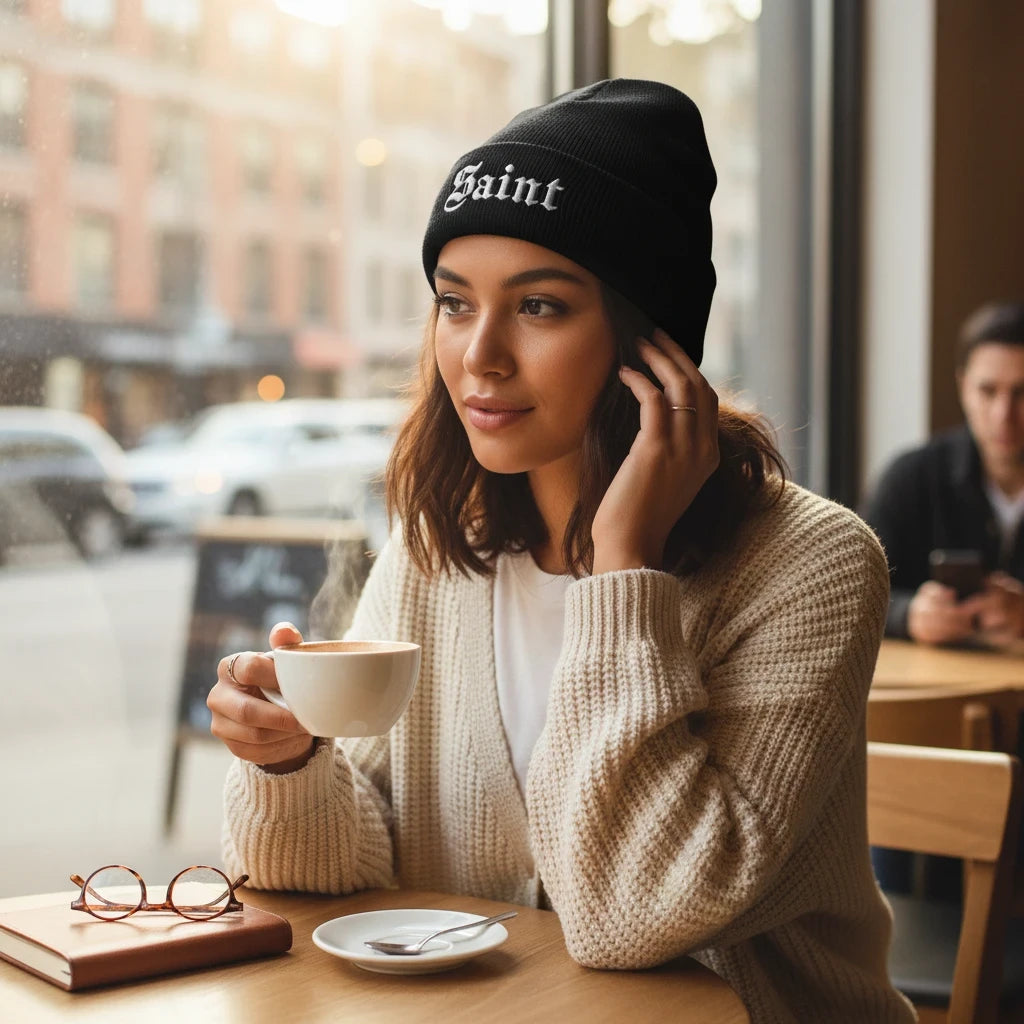Saint Embroidered Cuffed Beanie in Black, alternate view