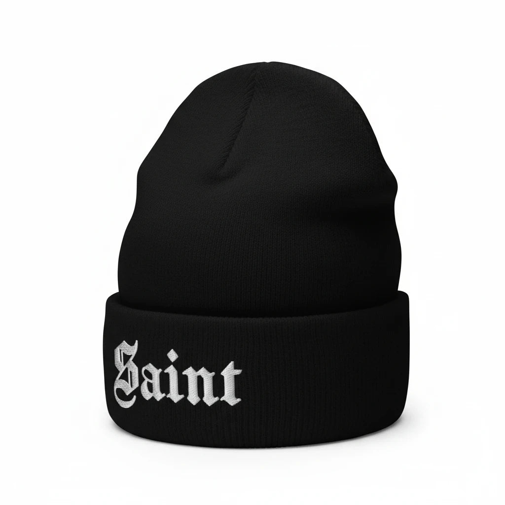 Saint Embroidered Cuffed Beanie in Black, alternate view