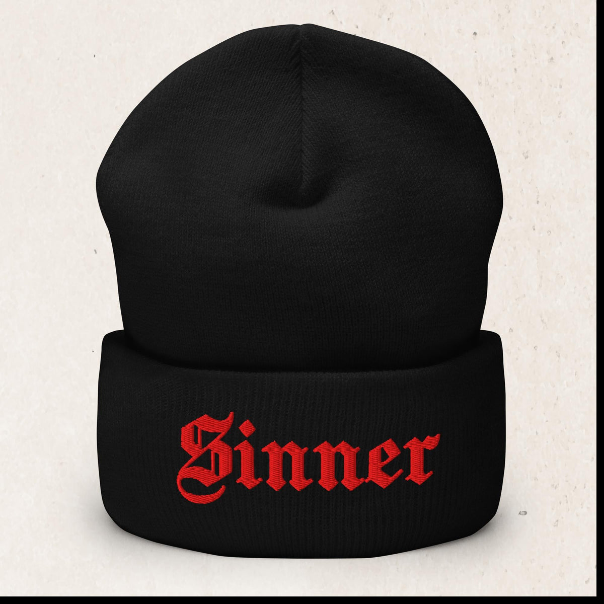 Sinner Embroidered Cuffed Beanie – Red Gothic Font Beanie – Black