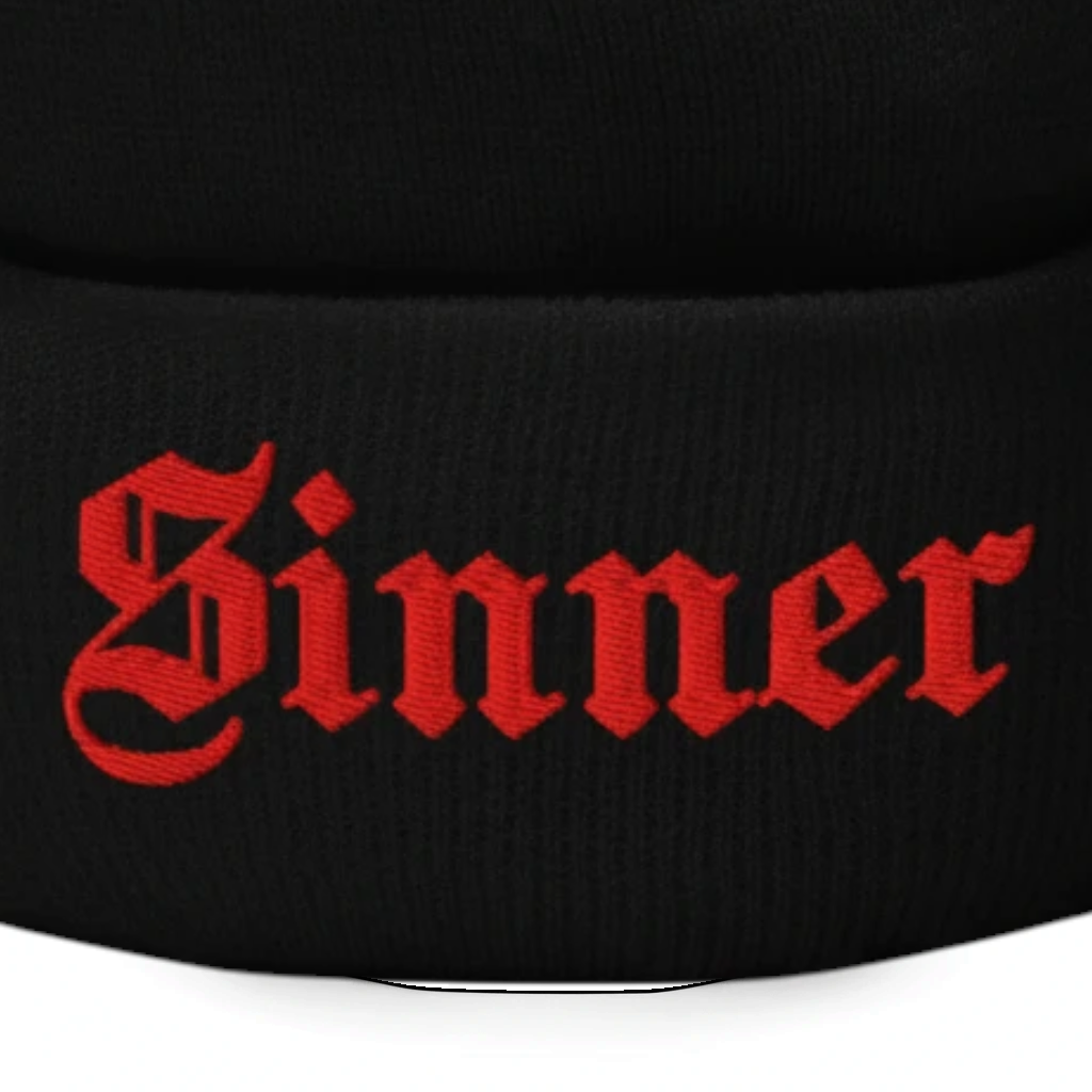 Sinner Embroidered Cuffed Beanie in Black, alternate view