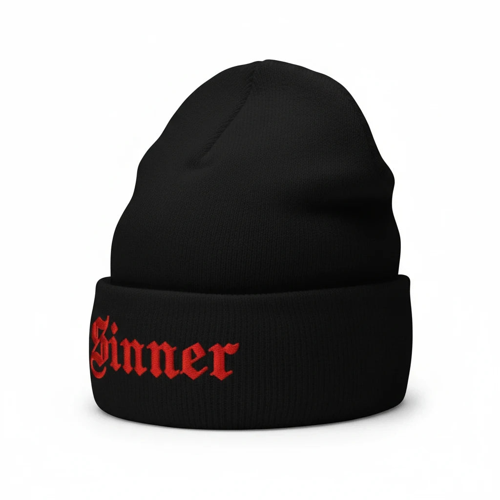 Sinner Embroidered Cuffed Beanie in Black, alternate view