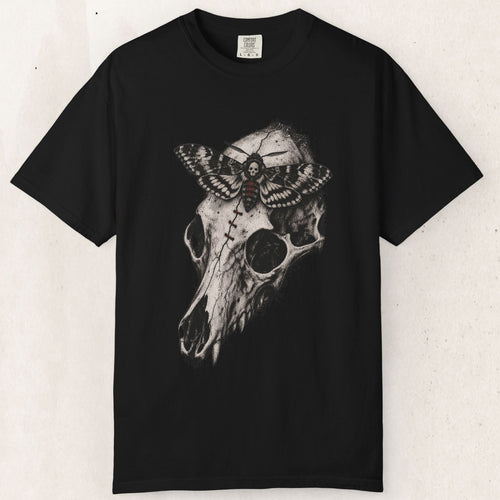 Wicked Thread Society black heavyweight cotton t-shirt featuring a detailed hand-drawn animal skull and moth graphic