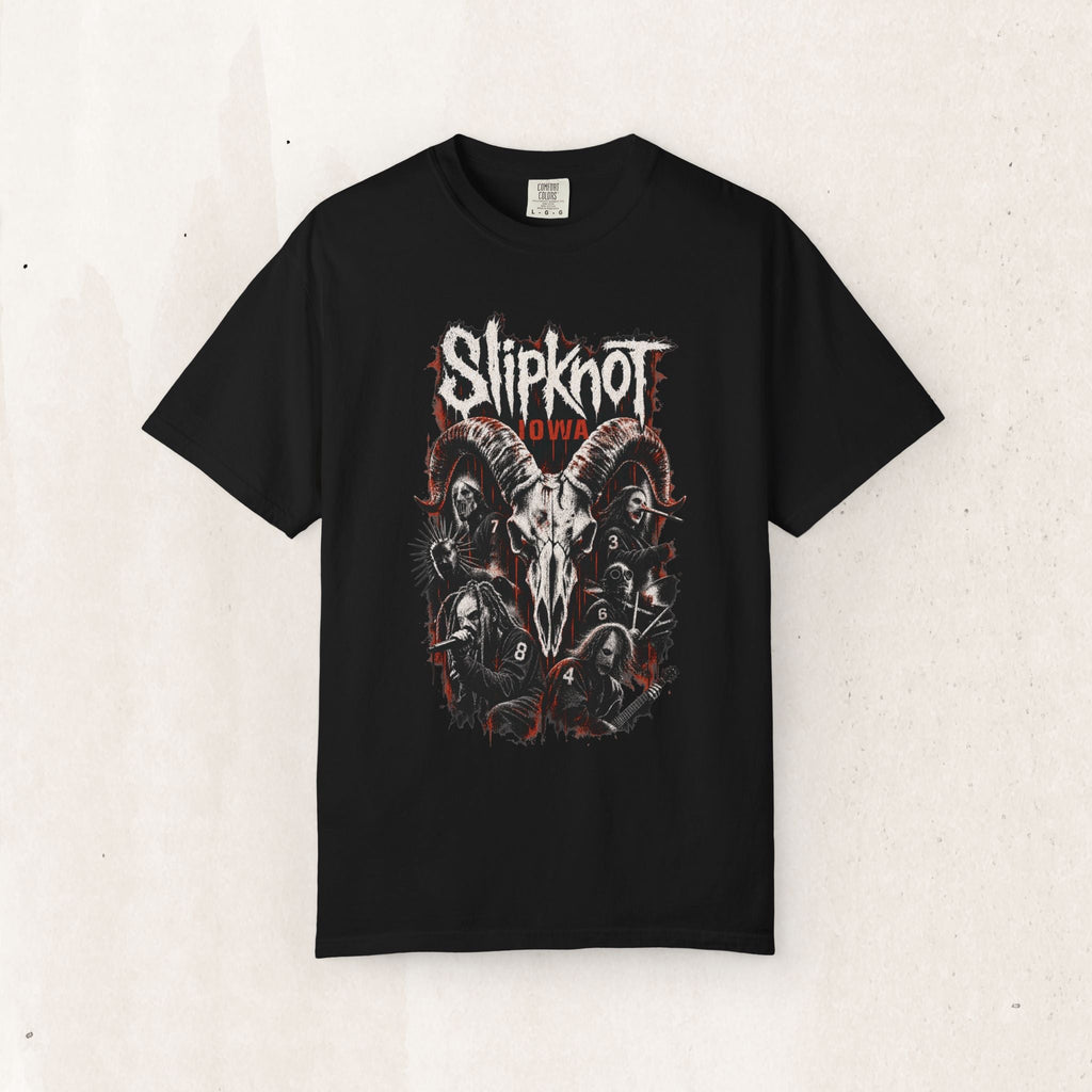 Wicked Thread Society black heavyweight cotton t-shirt featuring a detailed Slipknot Iowa skull and band graphic.