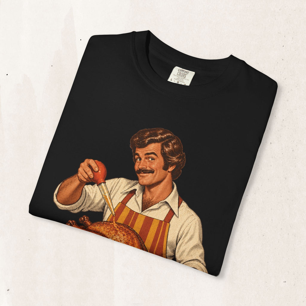 Wicked Thread Society black heavyweight cotton t-shirt featuring a retro illustration of a cook basting a turkey.