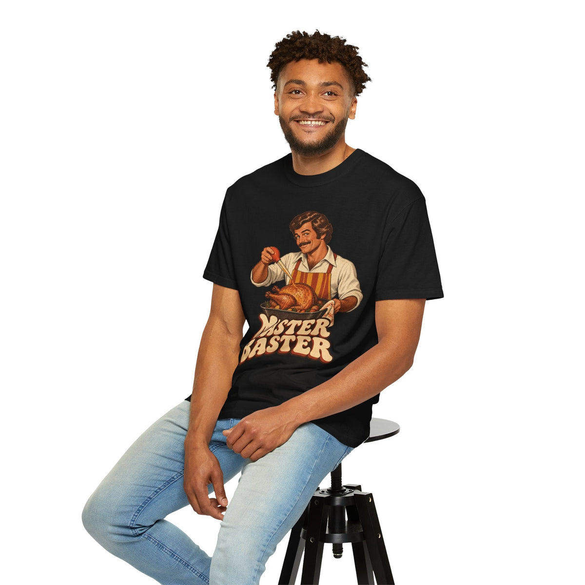 Wicked Thread Society black heavyweight cotton t-shirt with retro Master Baster Thanksgiving turkey graphic on model