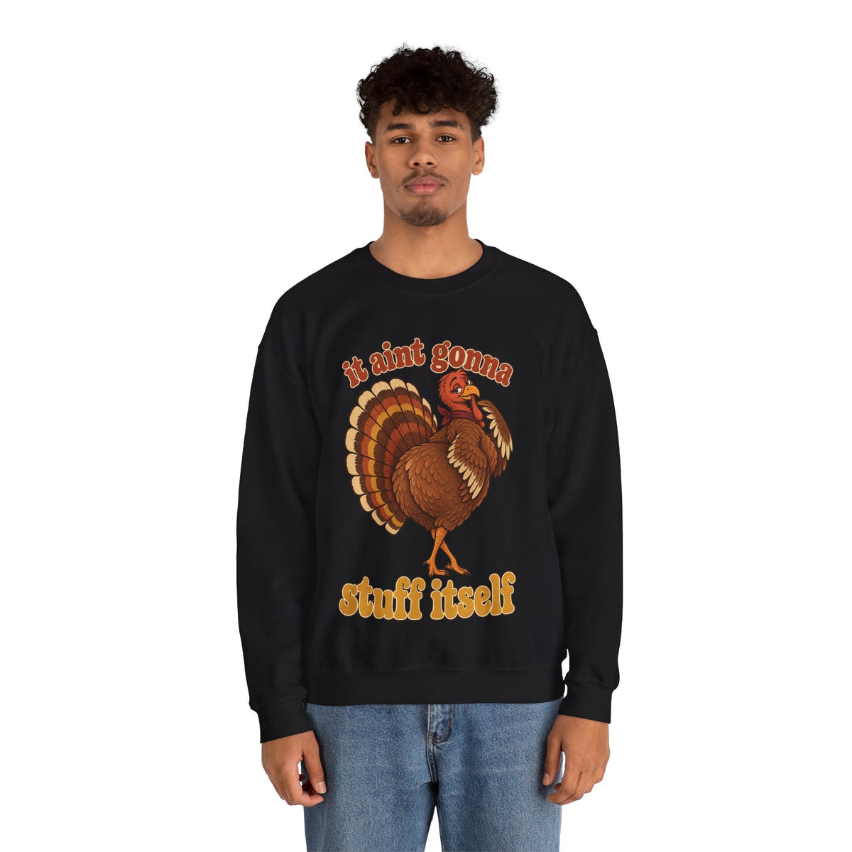 Wicked Thread Society black crewneck sweatshirt featuring a retro turkey graphic and It Aint Gonna Stuff Itself text.