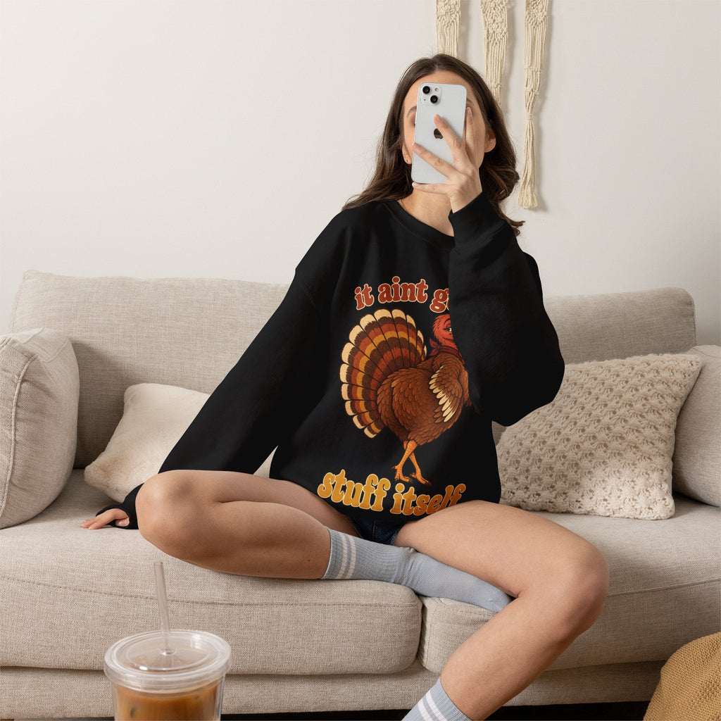 Wicked Thread Society black crewneck sweatshirt with a retro turkey graphic and It Aint Gonna Stuff Itself text