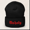 Unholy Embroidered Cuffed Beanie – Gothic Font Black Beanie – Black