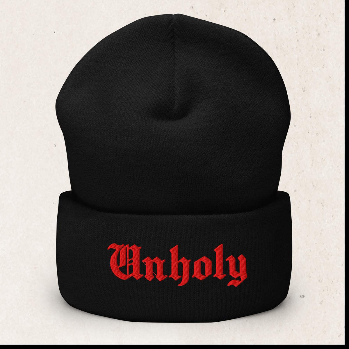 Unholy Embroidered Cuffed Beanie – Gothic Font Black Beanie – Black