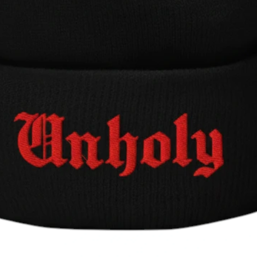 Unholy Embroidered Cuffed Beanie in Black, alternate view
