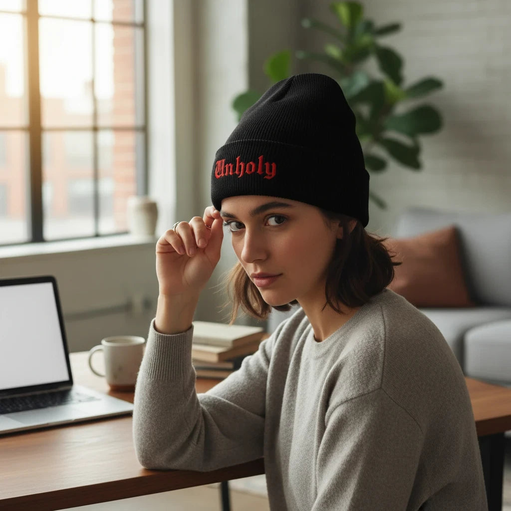 Unholy Embroidered Cuffed Beanie in Black, alternate view