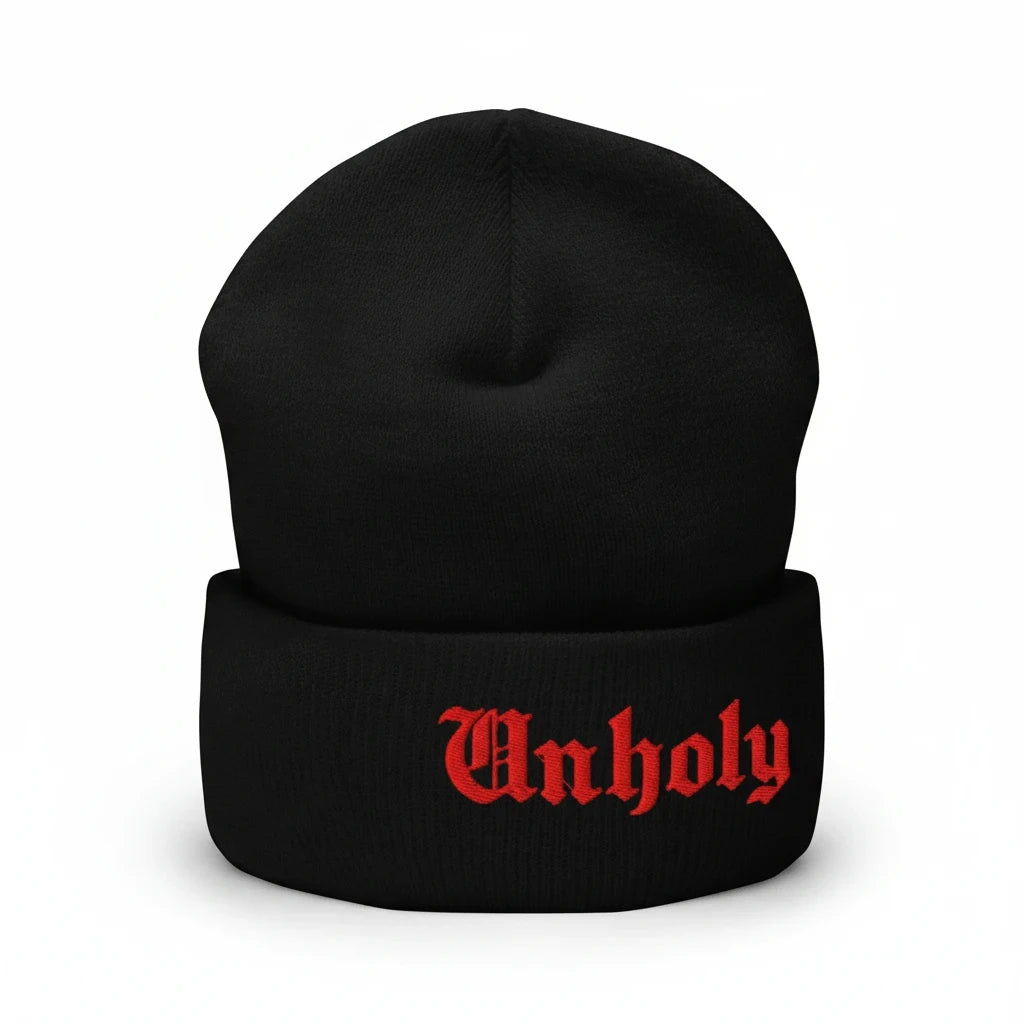 Unholy Embroidered Cuffed Beanie in Black, alternate view