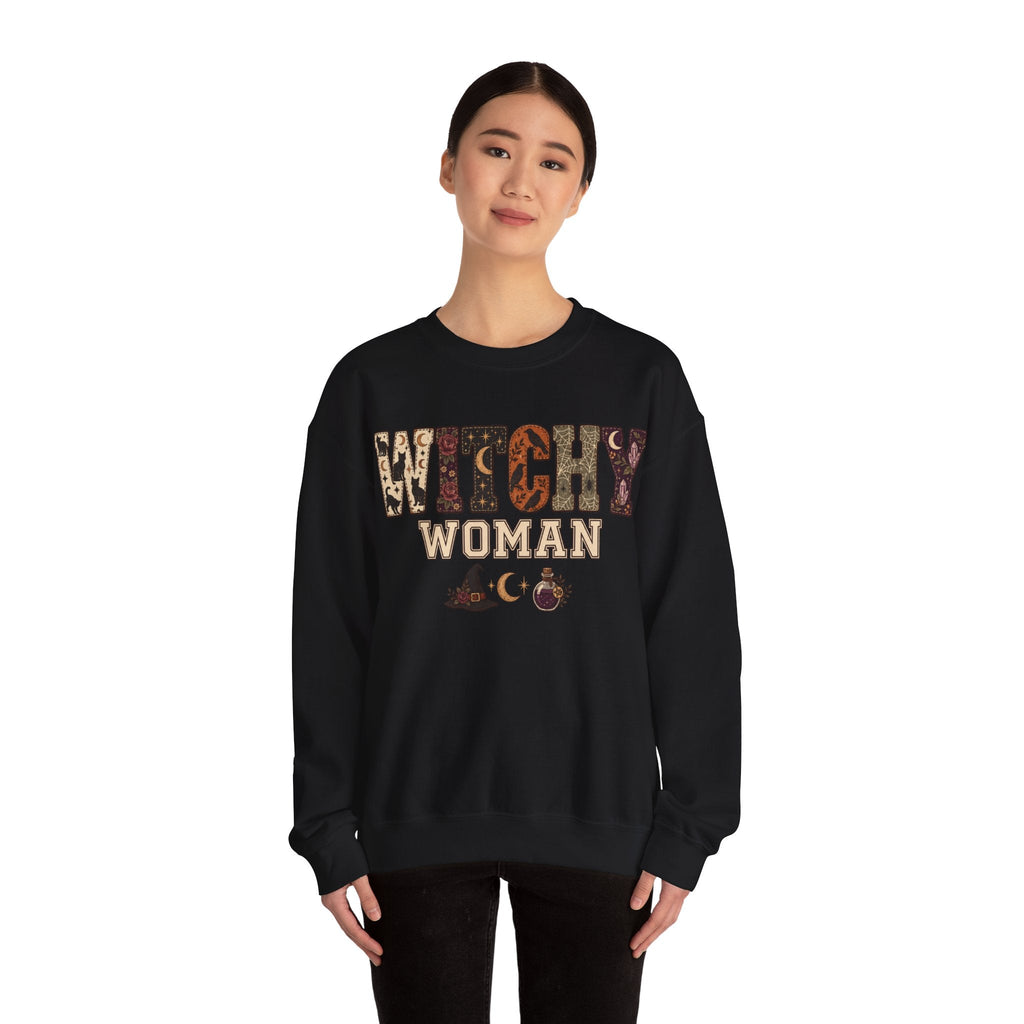 Wicked Thread Society black crewneck sweatshirt featuring a Witchy Woman graphic with celestial and mystical motifs.
