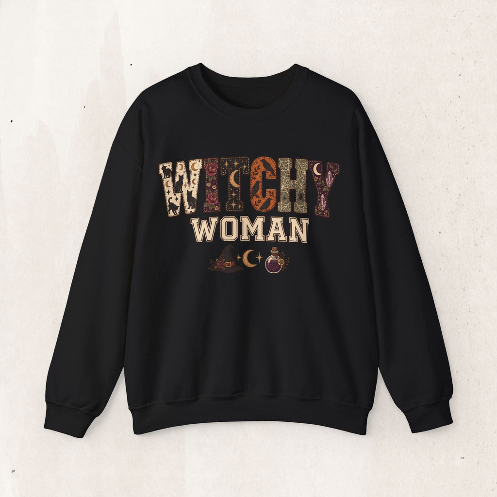 Wicked Thread Society black crewneck sweatshirt featuring a Witchy Woman graphic with moon, star, and potion motifs.