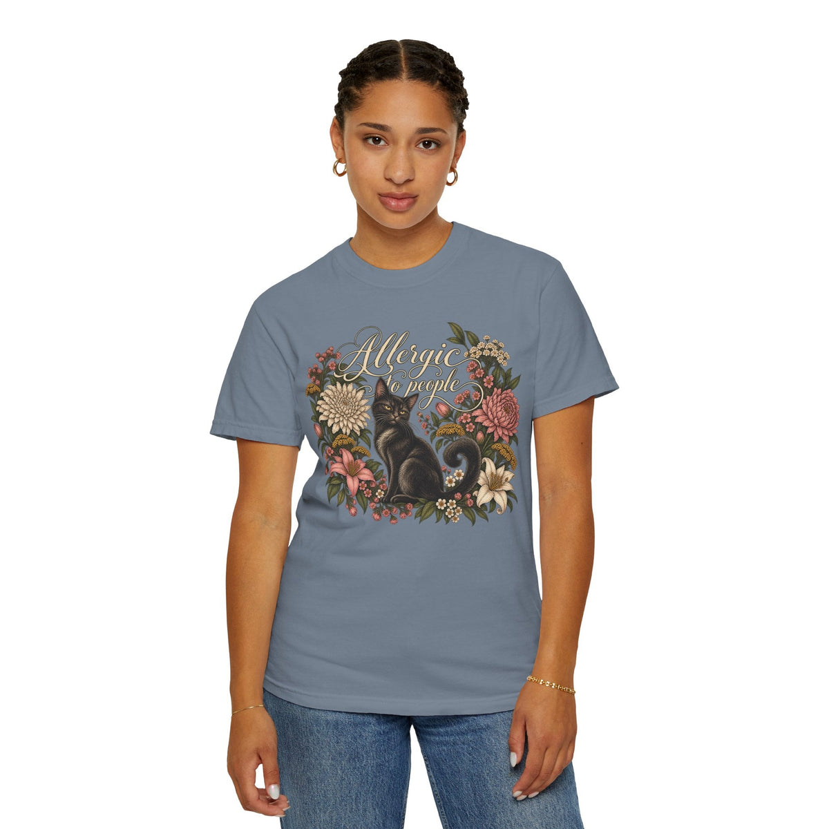 Wicked Thread Society blue graphic tee featuring a black cat illustration surrounded by a vintage floral wreath.