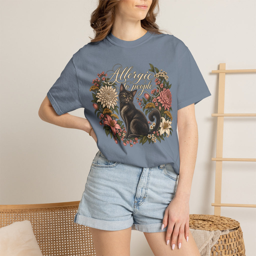 Wicked Thread Society blue graphic tee featuring a black cat illustration surrounded by a vintage floral wreath.