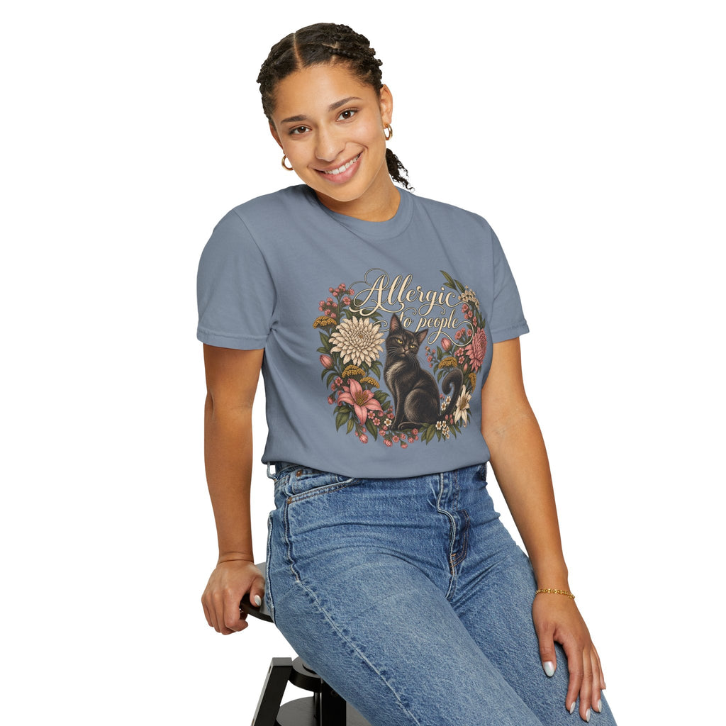 Wicked Thread Society blue graphic t-shirt featuring a black cat and floral wreath with Allergic to People text
