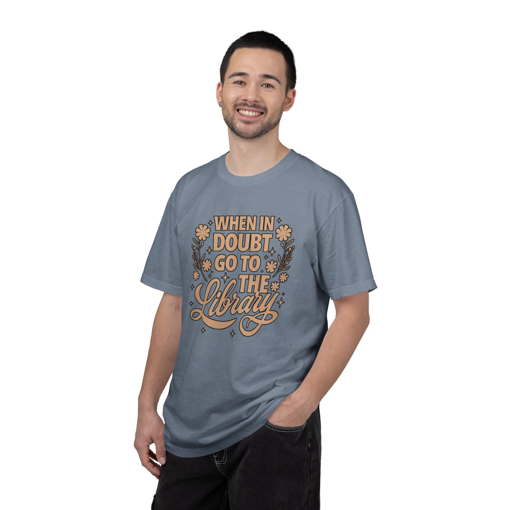 Wicked Thread Society blue garment-dyed cotton graphic tee with When in Doubt Go to the Library floral print