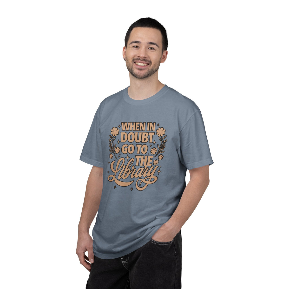 Wicked Thread Society blue garment-dyed cotton graphic tee with When in Doubt Go to the Library floral print