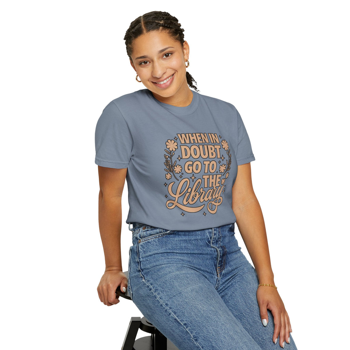 Wicked Thread Society blue garment-dyed cotton graphic tee with When in Doubt Go to the Library text and floral art