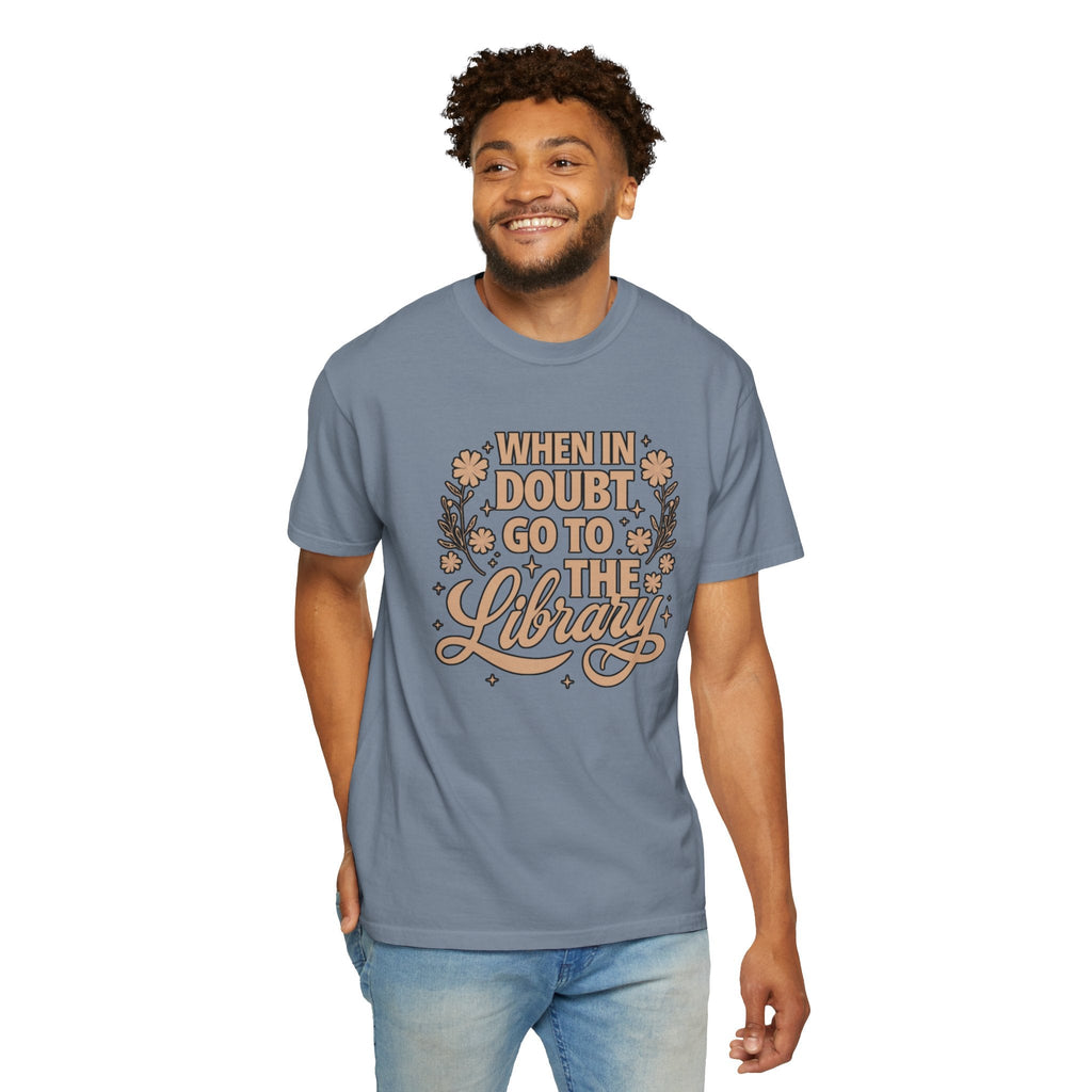 Wicked Thread Society blue garment-dyed cotton graphic tee with When in Doubt Go to the Library text on a model