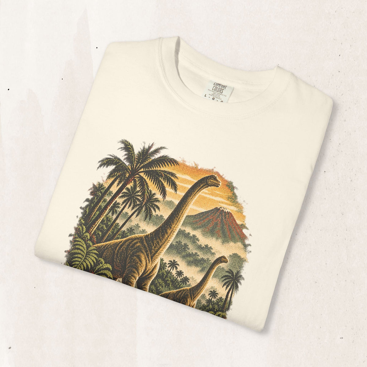 Wicked Thread Society heavyweight cream cotton t-shirt featuring a vintage Jurassic Park Brachiosaurus graphic print.