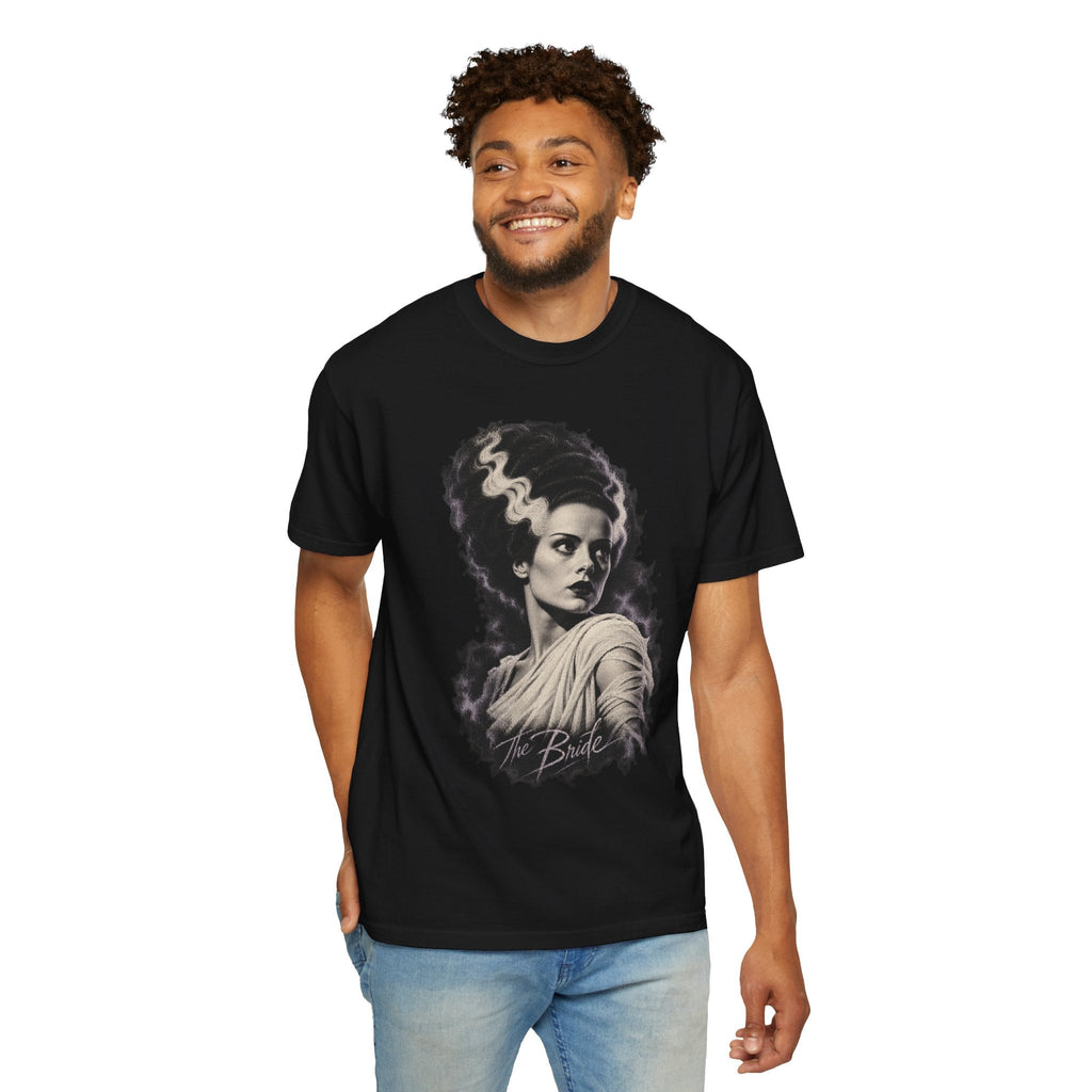 Wicked Thread Society black crewneck t-shirt featuring a detailed Bride of Frankenstein portrait on a smiling man