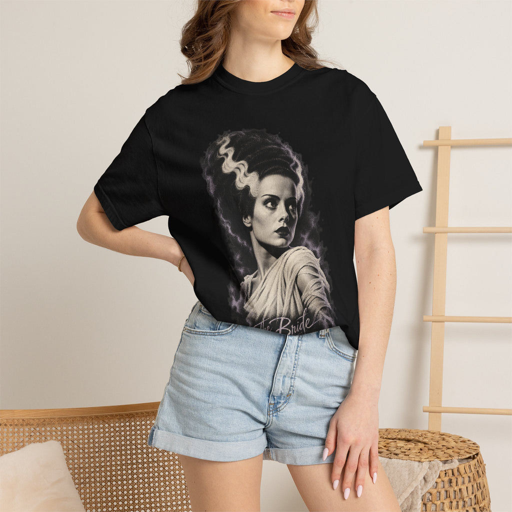 Wicked Thread Society black crewneck t-shirt featuring a detailed Bride of Frankenstein portrait graphic print.