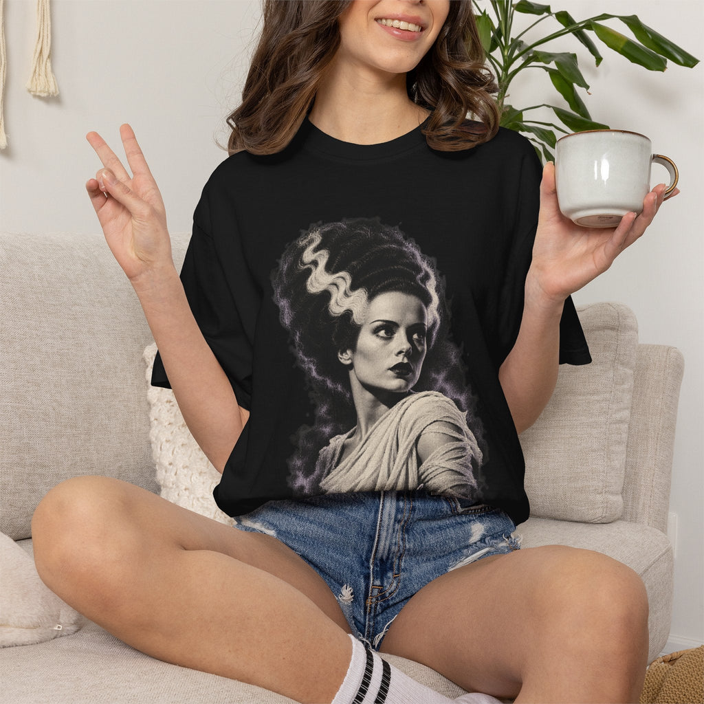 Wicked Thread Society black crewneck t-shirt featuring a detailed Bride of Frankenstein portrait graphic