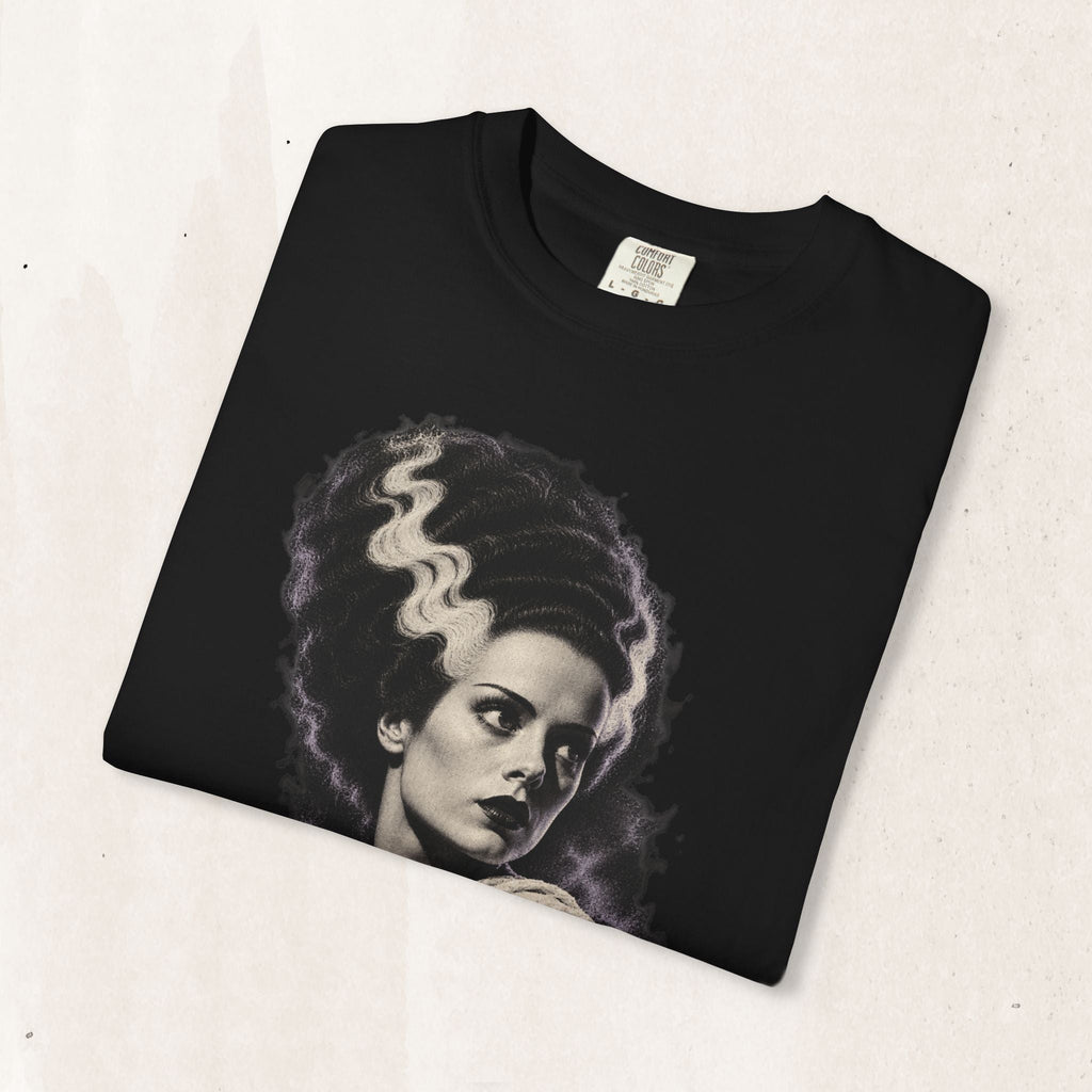 Wicked Thread Society black crewneck t-shirt featuring a detailed Bride of Frankenstein portrait graphic print.