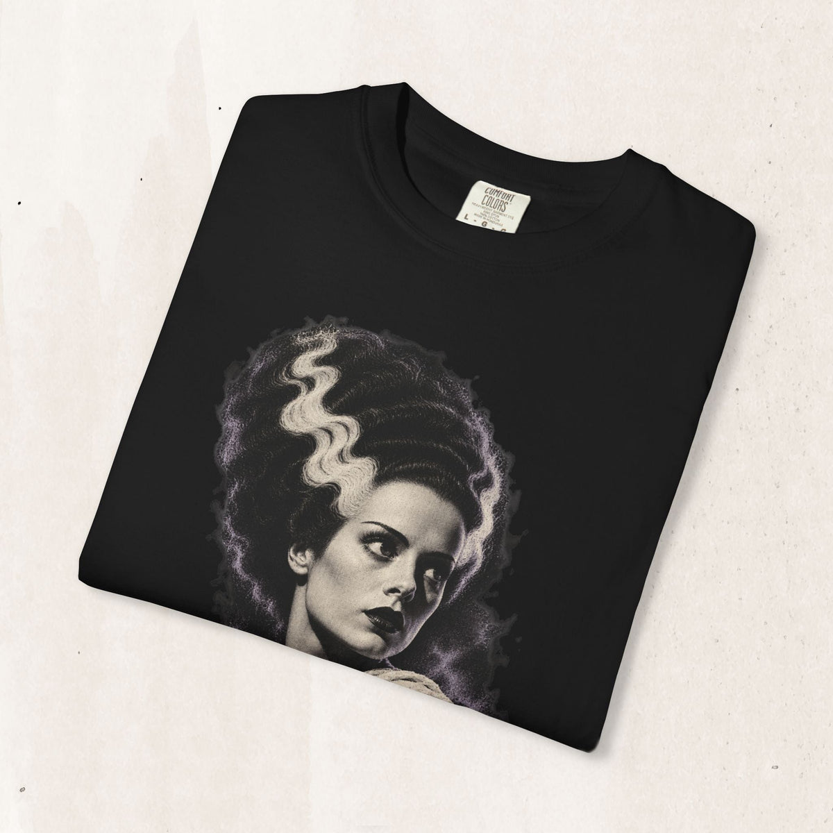Wicked Thread Society black crewneck t-shirt featuring a detailed Bride of Frankenstein portrait graphic print.