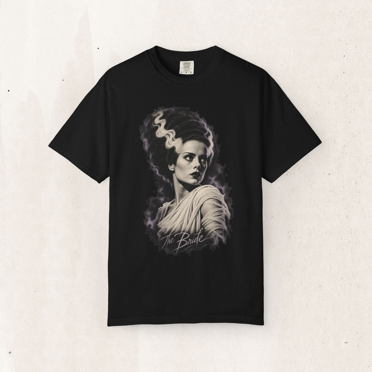 Wicked Thread Society black crewneck t-shirt featuring a detailed Bride of Frankenstein portrait graphic print.
