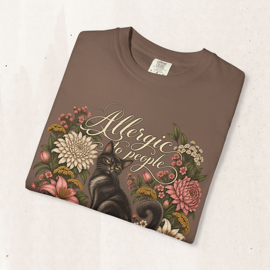 Wicked Thread Society brown graphic t-shirt featuring a black cat illustration surrounded by a vintage floral wreath.