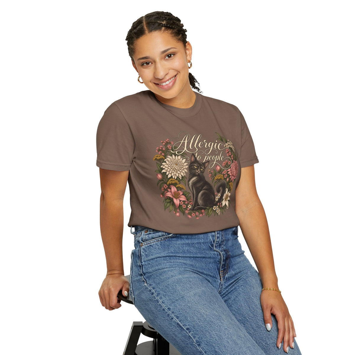 Wicked Thread Society brown graphic t-shirt featuring a black cat and floral wreath with Allergic to People text