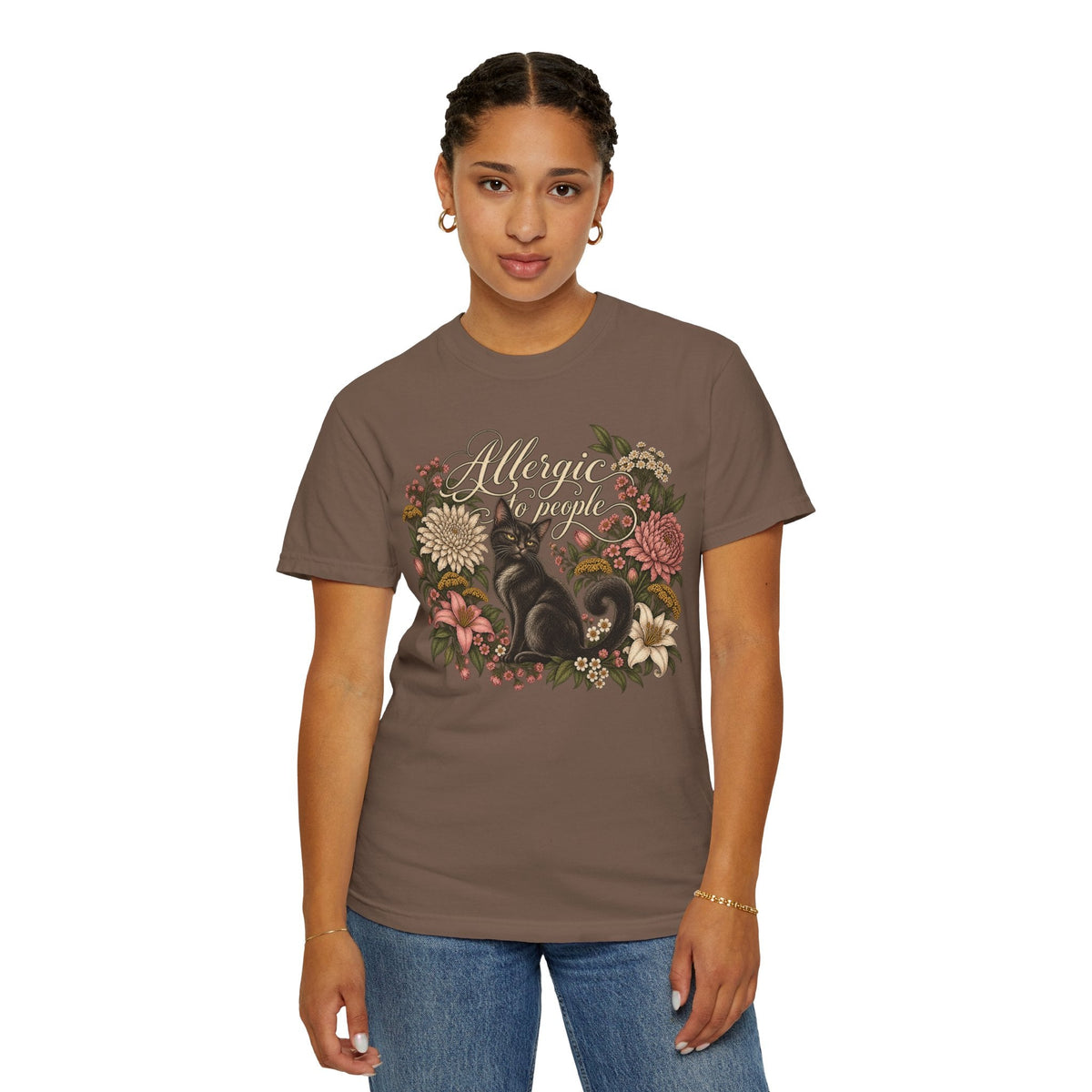 Wicked Thread Society brown graphic t-shirt featuring a black cat and floral wreath with Allergic to People text