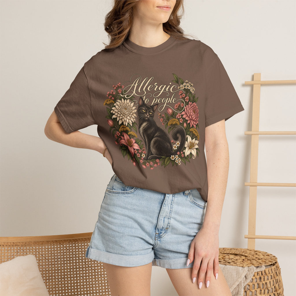 Wicked Thread Society brown graphic t-shirt featuring a black cat and floral wreath with Allergic to People text