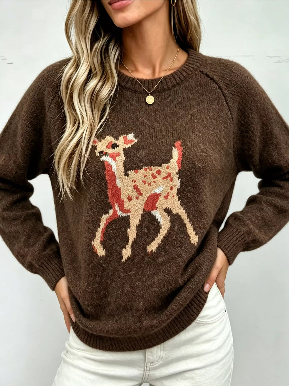 Wicked Thread Society brown raglan sleeve sweater featuring a deer pattern, made from soft stretchy polyester.