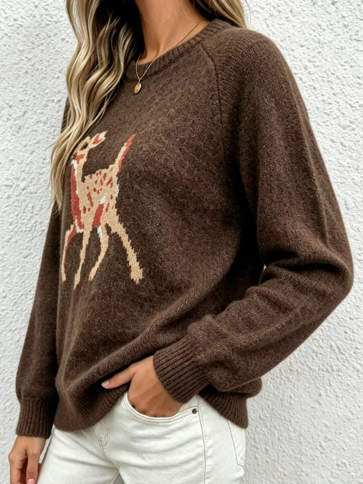 Wicked Thread Society brown raglan sleeve sweater with a deer pattern, made from soft stretchy polyester knit.