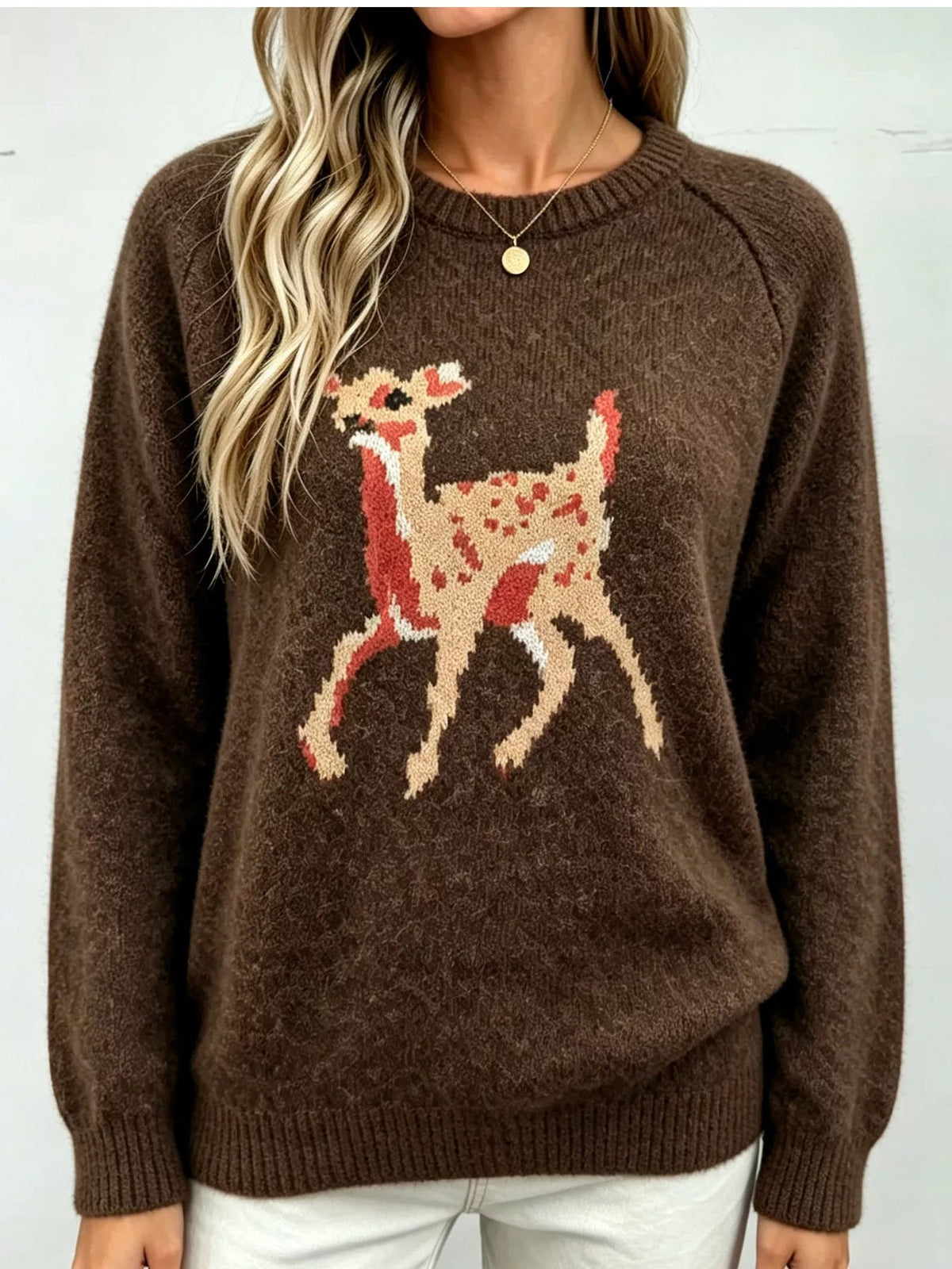 Wicked Thread Society brown raglan sleeve sweater featuring a deer pattern, made from soft stretchy polyester.