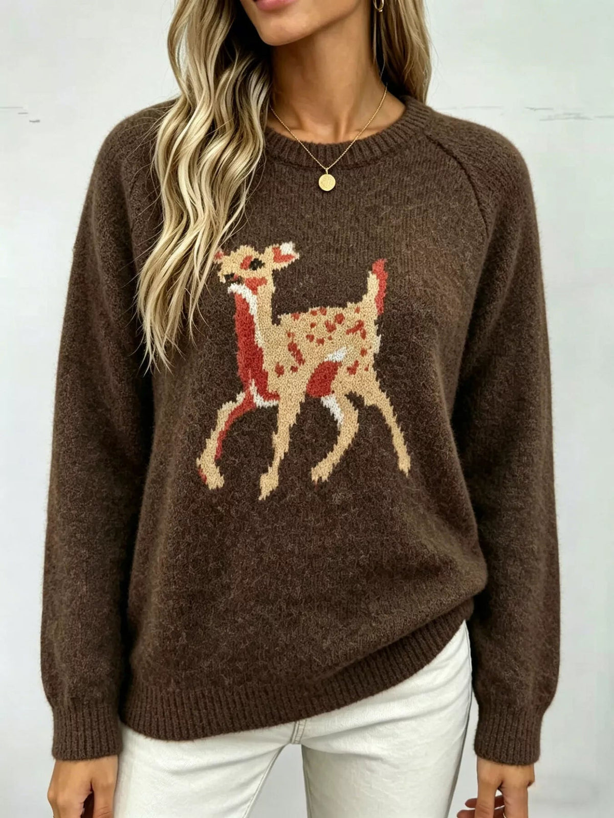 Wicked Thread Society brown raglan sleeve sweater featuring a deer pattern, made from soft stretchy polyester.