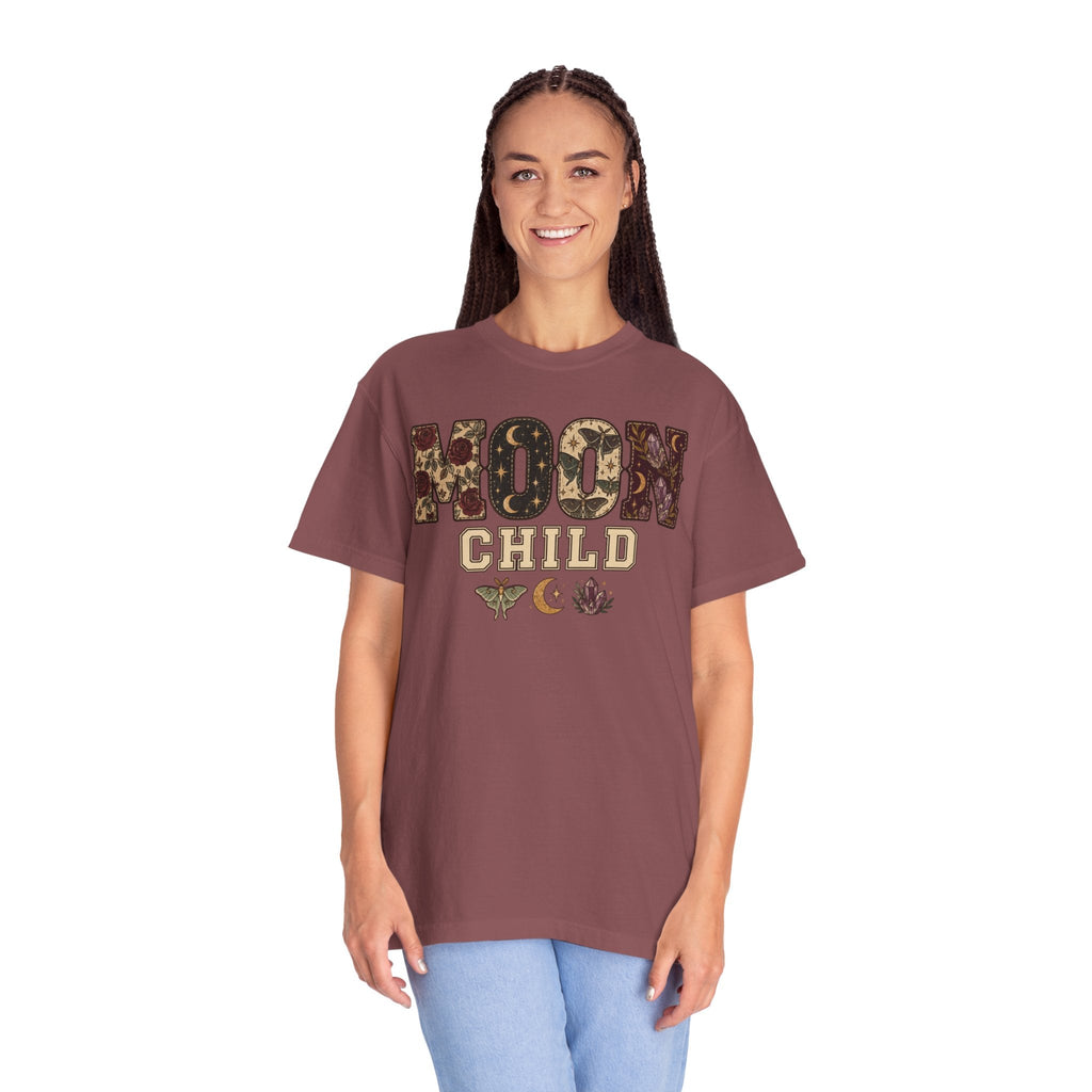 Wicked Thread Society garment-dyed brown heavyweight cotton t-shirt with Moon Child floral graphic on a smiling model