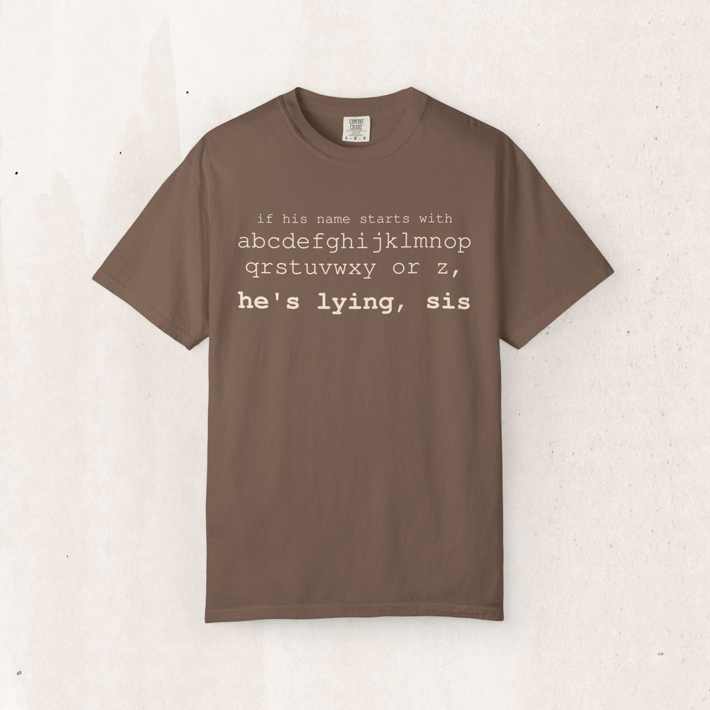 He's Lying, Sis T-shirt | Typographic alphabet humor tee Printify