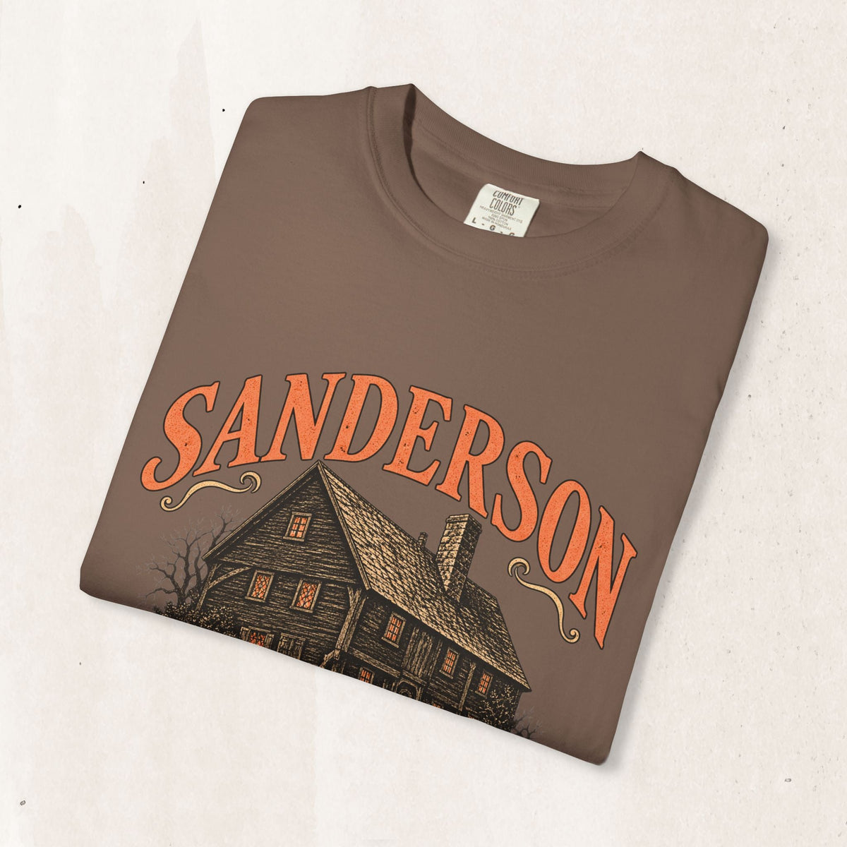 Wicked Thread Society brown heavyweight cotton t-shirt featuring a vintage Victorian house graphic and Sanderson text