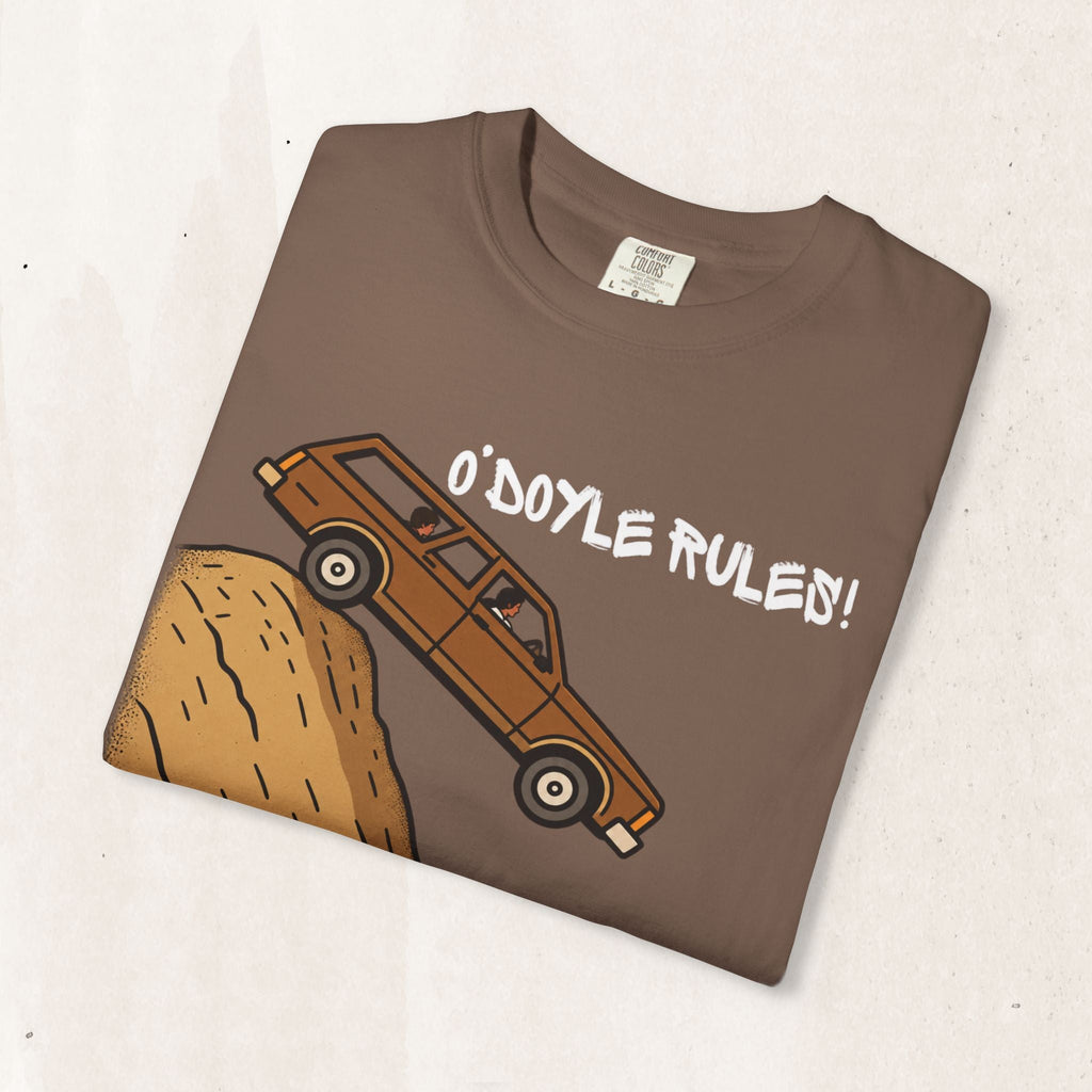 Wicked Thread Society brown heavyweight cotton graphic tee featuring a wood-paneled wagon and O'Doyle Rules text.