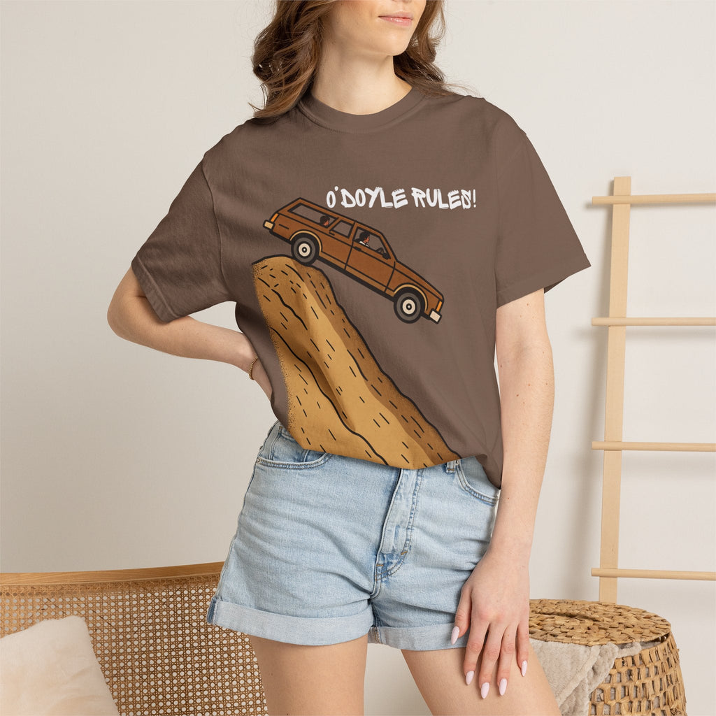 Wicked Thread Society brown heavyweight cotton graphic tee featuring an O'Doyle Rules wood-paneled wagon illustration.