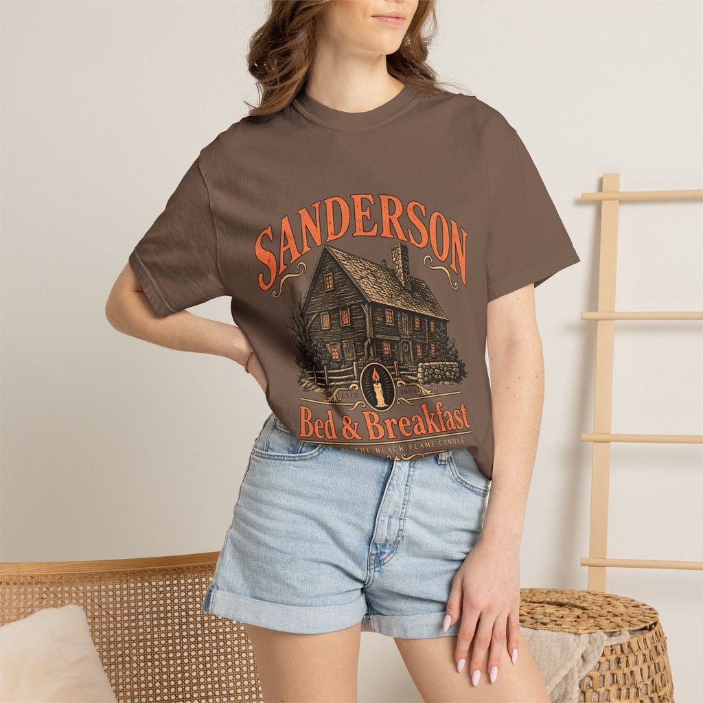 Wicked Thread Society brown heavyweight cotton t-shirt featuring a vintage Victorian house graphic and autumn tones.